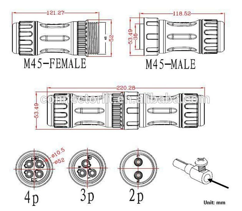LLT Large Power M45 4pin Screw Wire 80A 600V 2pin 3pin 4pin Electrical Assembly Connector detail 6
