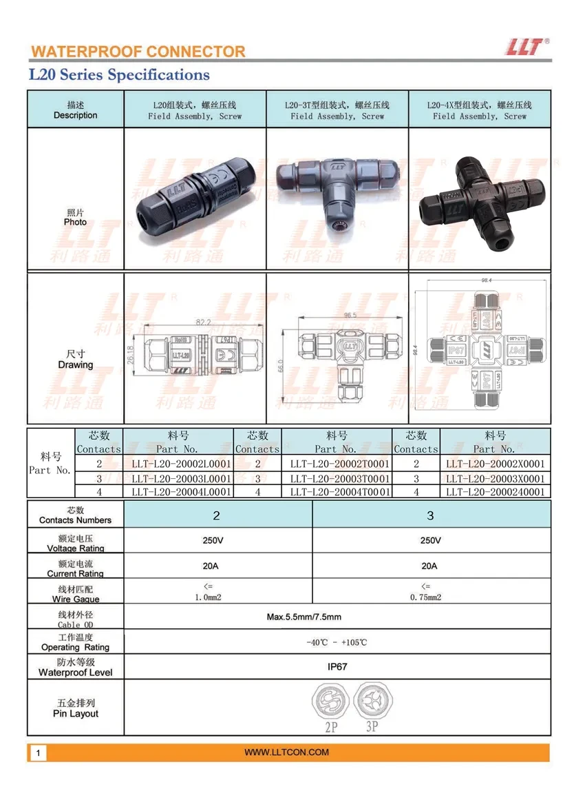L20 Series Waterproof Junction Box Technical Specifications - Connector Manufacturer LLT